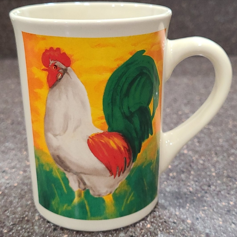 Rooster Mugs set of 4 Cups Coffee Tea Bay Island Vintage Farm Designs Slim 8 oz - Picture 7 of 16